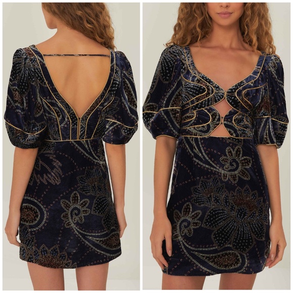FARM RIO Blue Floral Glam Scarf Velvet Mini Dress Navy Gold - XS - with tags - Picture 1 of 10